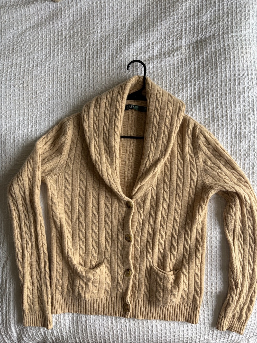 Ralph Lauren Cashmere Shawl Collar Cable Knit Sweater Cardigan - Beige